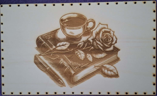 Preglejkové dno na opletanie gravírované obdĺžnik 4mm - 50x30cm Zátišie kniha s kávou