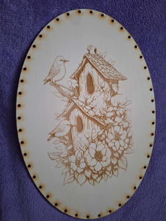 Preglejkové dno gravírované elipsa 3mm - 27x19cm Vtáci s budkou